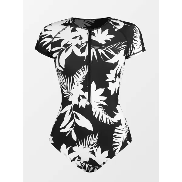 imageCUPSHE One Piece Swimsuit for Women Mock Neck Zipper Short Sleeve Bathing SuitWhite Tropical Print