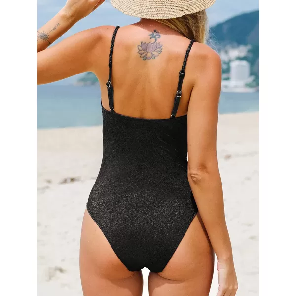imageCUPSHE One Piece Swimsuit for Women Square Neck Tummy Control Low Back Shiny Material Adjustable StrapsBlack