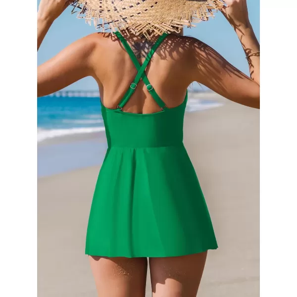 imageCUPSHE One Piece Swimsuit for Women Tummy Control Swim Dress Crisscross Ruched Skirted Bathing Suit with BottomGreen
