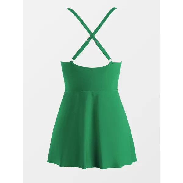 imageCUPSHE One Piece Swimsuit for Women Tummy Control Swim Dress Crisscross Ruched Skirted Bathing Suit with BottomGreen