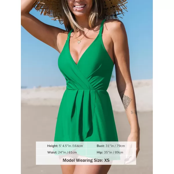 imageCUPSHE One Piece Swimsuit for Women Tummy Control Swim Dress Crisscross Ruched Skirted Bathing Suit with BottomGreen