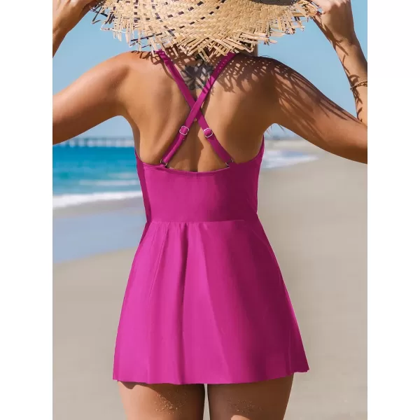 imageCUPSHE One Piece Swimsuit for Women Tummy Control Swim Dress Crisscross Ruched Skirted Bathing Suit with BottomMagenta
