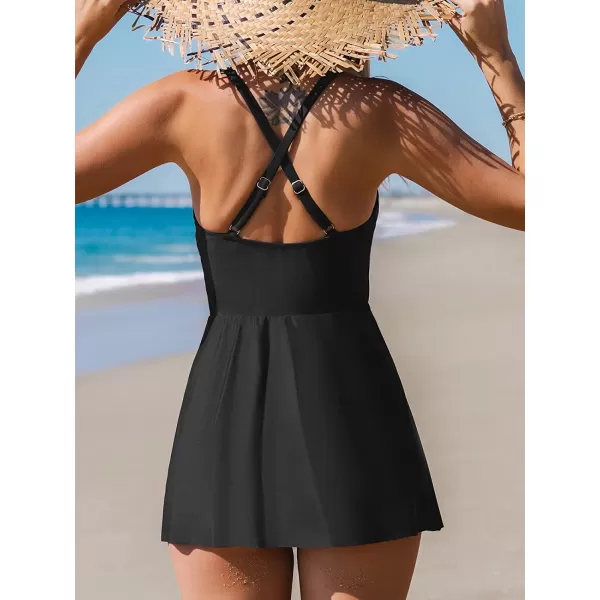 imageCUPSHE One Piece Swimsuit for Women Tummy Control Swim Dress Crisscross Ruched Skirted Bathing Suits with BottomBlack