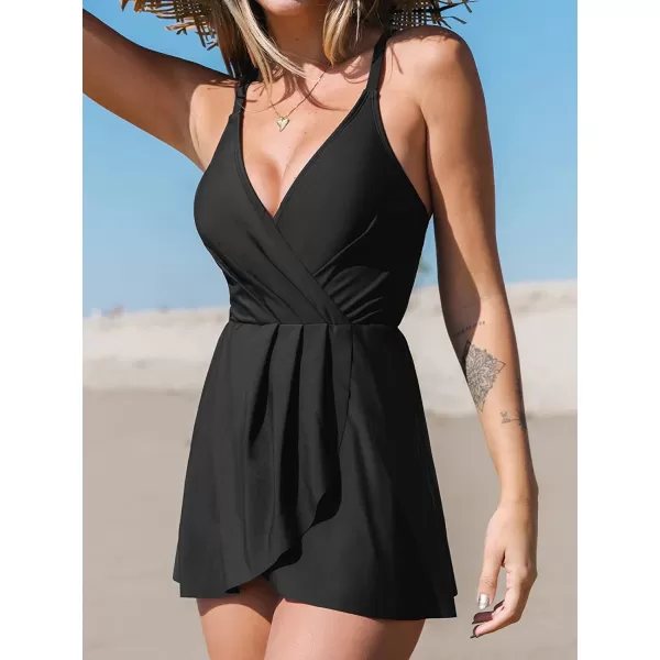 imageCUPSHE One Piece Swimsuit for Women Tummy Control Swim Dress Crisscross Ruched Skirted Bathing Suits with BottomBlack