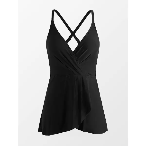 imageCUPSHE One Piece Swimsuit for Women Tummy Control Swim Dress Crisscross Ruched Skirted Bathing Suits with BottomBlack