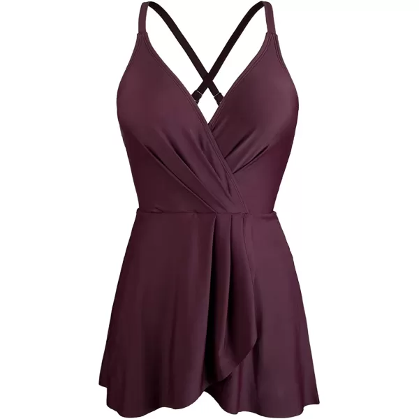 imageCUPSHE One Piece Swimsuit for Women Tummy Control Swim Dress Crisscross Ruched Skirted Bathing Suits with BottomBlackberry Wine