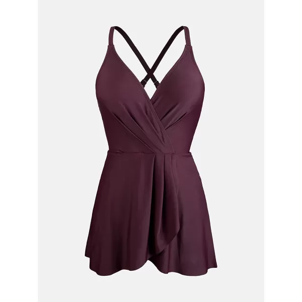 imageCUPSHE One Piece Swimsuit for Women Tummy Control Swim Dress Crisscross Ruched Skirted Bathing Suits with BottomBlackberry Wine