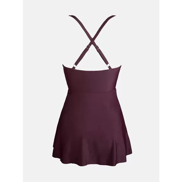 imageCUPSHE One Piece Swimsuit for Women Tummy Control Swim Dress Crisscross Ruched Skirted Bathing Suits with BottomBlackberry Wine