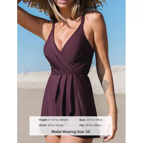 imageCUPSHE One Piece Swimsuit for Women Tummy Control Swim Dress Crisscross Ruched Skirted Bathing Suits with BottomBlackberry Wine