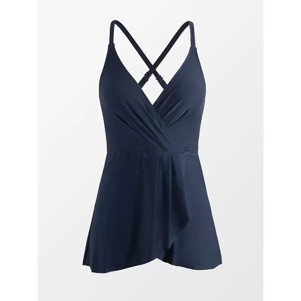 imageCUPSHE One Piece Swimsuit for Women Tummy Control Swim Dress Crisscross Ruched Skirted Bathing Suits with BottomNavy