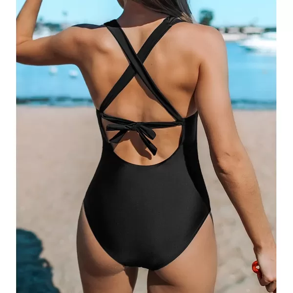 imageCUPSHE One Piece Swimsuits for Women Crisscross Back Tie V Neck Wide Straps U BackBlack