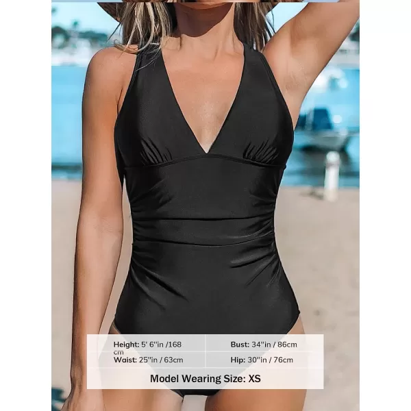 imageCUPSHE One Piece Swimsuits for Women Crisscross Back Tie V Neck Wide Straps U BackBlack