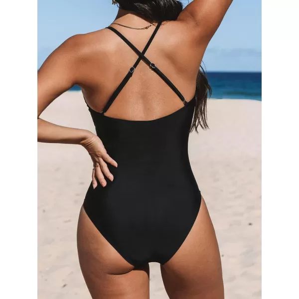 imageCUPSHE One Piece Swimsuits for Women Deep V Neck Crosscriss Back Adjustable Straps Lace CutoutBlack