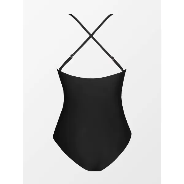 imageCUPSHE One Piece Swimsuits for Women Deep V Neck Crosscriss Back Adjustable Straps Lace CutoutBlack