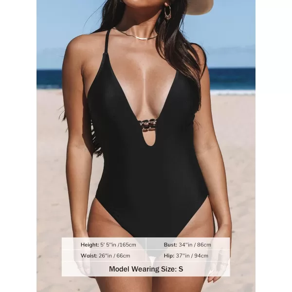 imageCUPSHE One Piece Swimsuits for Women Deep V Neck Crosscriss Back Adjustable Straps Lace CutoutBlack
