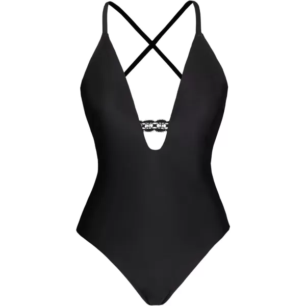 imageCUPSHE One Piece Swimsuits for Women Deep V Neck Crosscriss Back Adjustable Straps Lace CutoutBlack