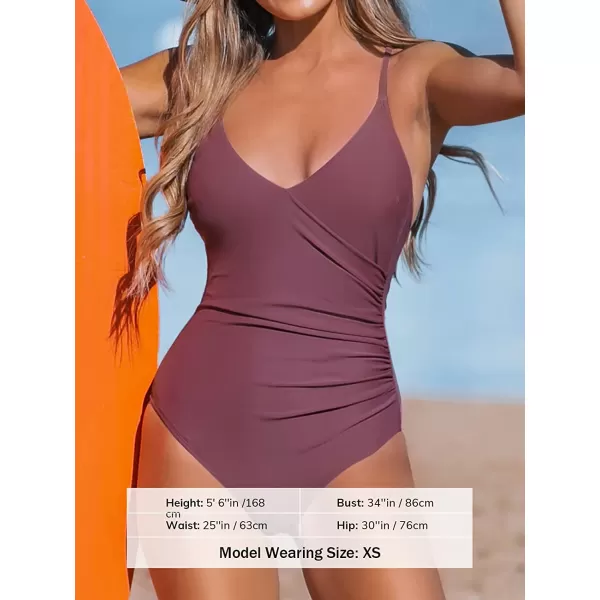imageCUPSHE One Piece Swimsuits for Women Ruched V Neck Crosscriss Self Tie U BackBurgundy Red