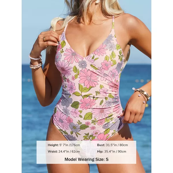 imageCUPSHE One Piece Swimsuits for Women Ruched V Neck Crosscriss Self Tie U BackPink Floral