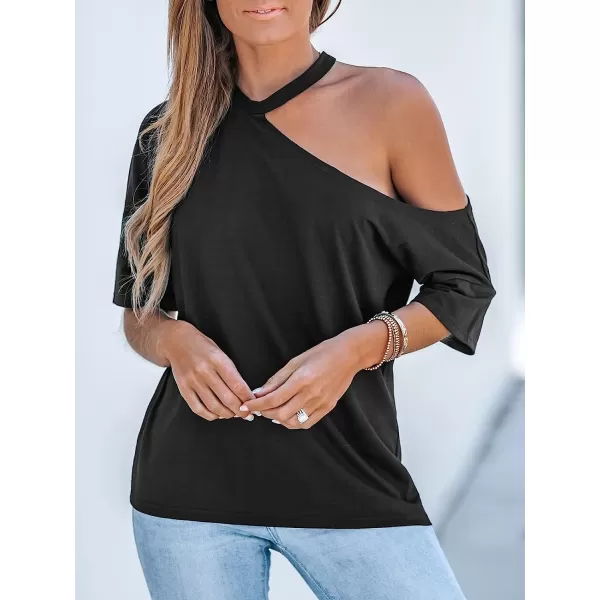 imageCUPSHE OpenShoulder Short Sleeve Tee Shirts Cold Shoulder Tops Casual SexyBlack