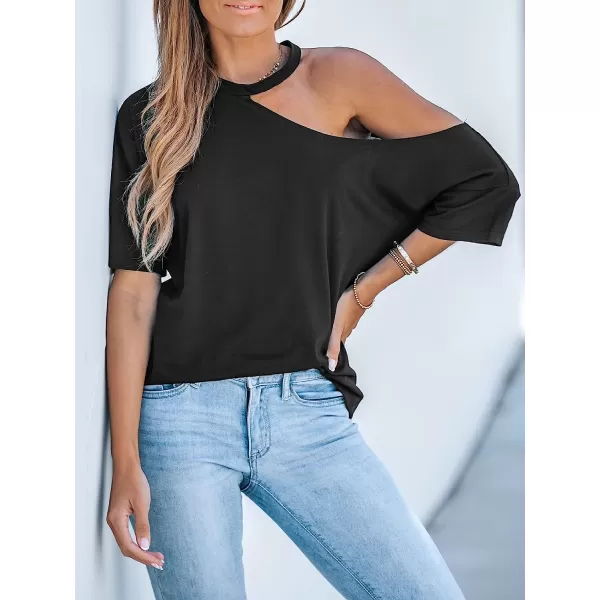 imageCUPSHE OpenShoulder Short Sleeve Tee Shirts Cold Shoulder Tops Casual SexyBlack