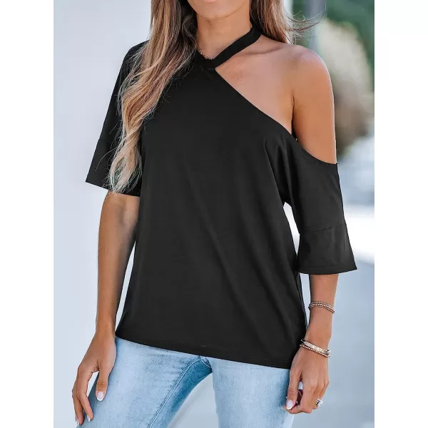 imageCUPSHE OpenShoulder Short Sleeve Tee Shirts Cold Shoulder Tops Casual SexyBlack