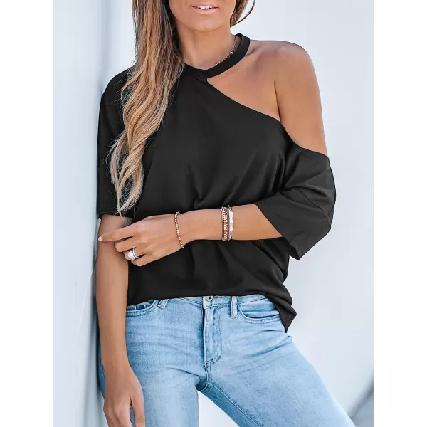 imageCUPSHE OpenShoulder Short Sleeve Tee Shirts Cold Shoulder Tops Casual SexyBlack