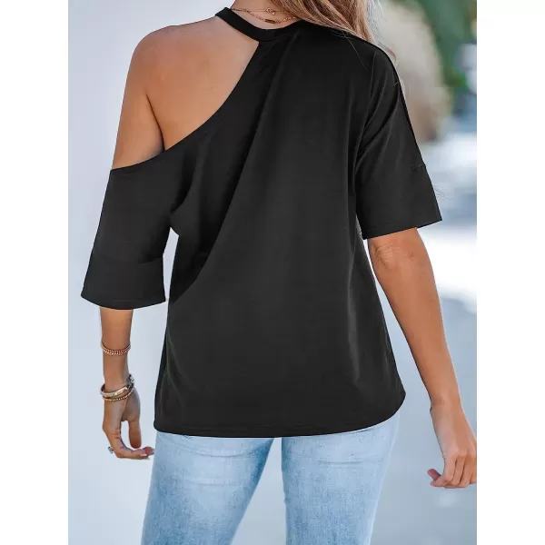 imageCUPSHE OpenShoulder Short Sleeve Tee Shirts Cold Shoulder Tops Casual SexyBlack