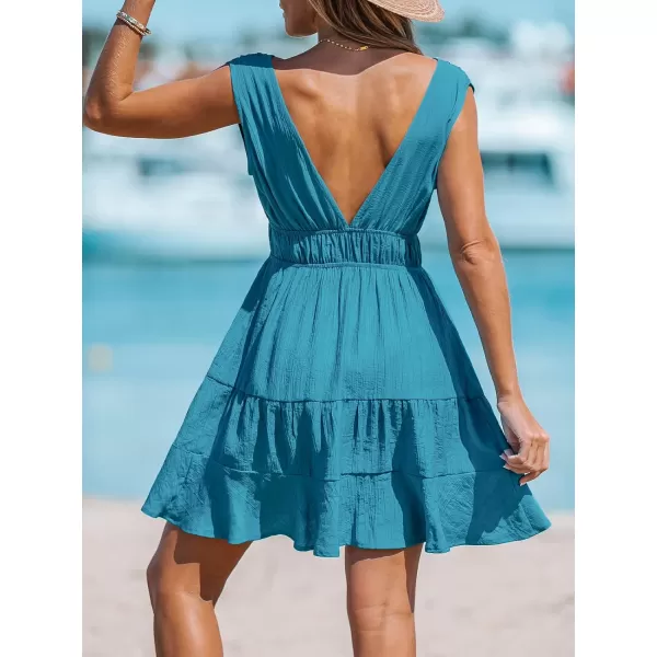 imageCUPSHE Plunge Tiered Ruffled Mini Dress Sleeveless Straps Dresses Casual SummerBlue