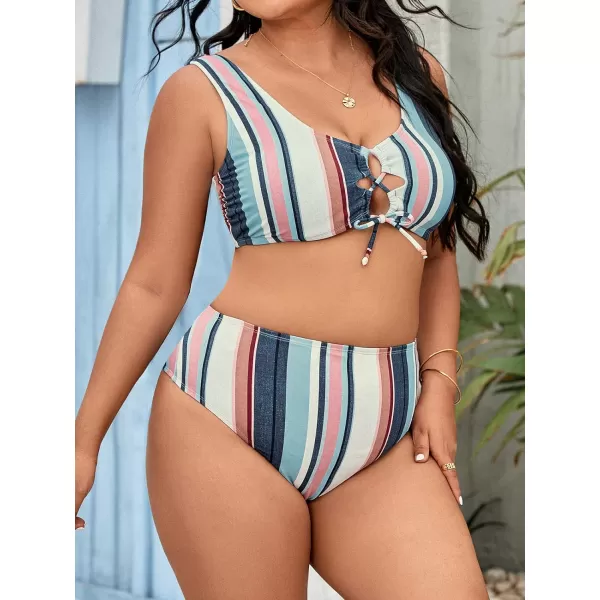 imageCUPSHE Plus Size Bikini Set Women Swimsuit Two Piece Swimsuit Lace Up Tank Top Striped High Waisted BottomBlueWhiteRed Stripe