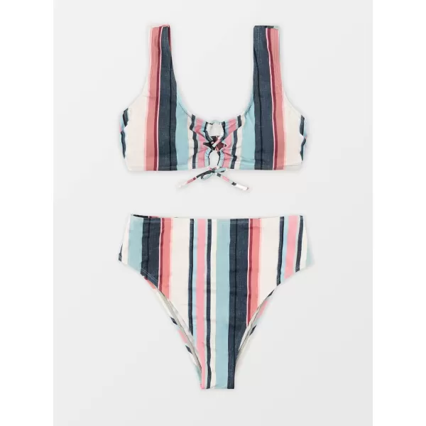 imageCUPSHE Plus Size Bikini Set Women Swimsuit Two Piece Swimsuit Lace Up Tank Top Striped High Waisted BottomBlueWhiteRed Stripe