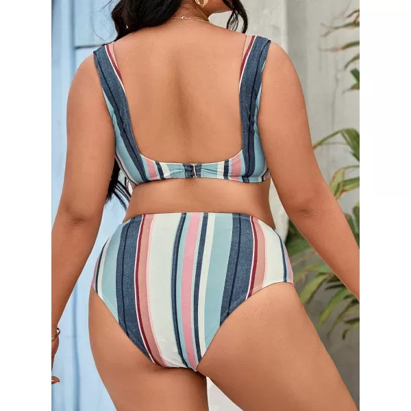 imageCUPSHE Plus Size Bikini Set Women Swimsuit Two Piece Swimsuit Lace Up Tank Top Striped High Waisted BottomBlueWhiteRed Stripe