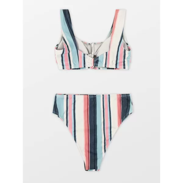 imageCUPSHE Plus Size Bikini Set Women Swimsuit Two Piece Swimsuit Lace Up Tank Top Striped High Waisted BottomBlueWhiteRed Stripe