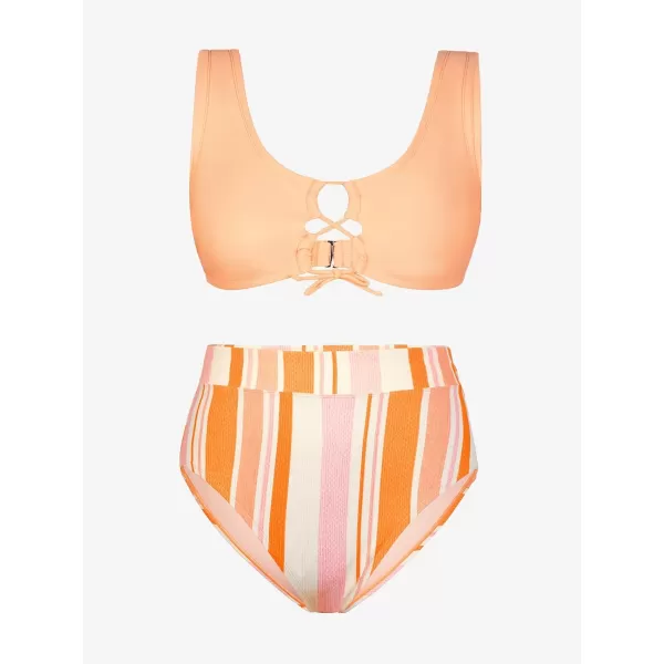 imageCUPSHE Plus Size Bikini Set Women Swimsuit Two Piece Swimsuit Lace Up Tank Top Striped High Waisted BottomLight Orange Stripe