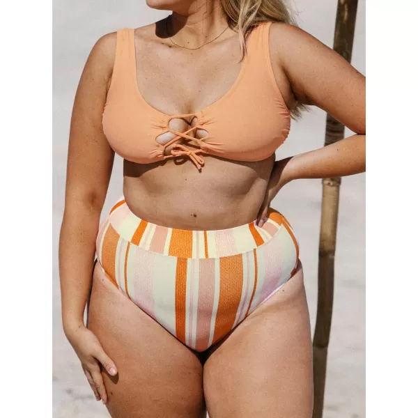 imageCUPSHE Plus Size Bikini Set Women Swimsuit Two Piece Swimsuit Lace Up Tank Top Striped High Waisted BottomLight Orange Stripe