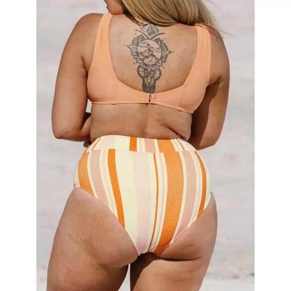 imageCUPSHE Plus Size Bikini Set Women Swimsuit Two Piece Swimsuit Lace Up Tank Top Striped High Waisted BottomLight Orange Stripe