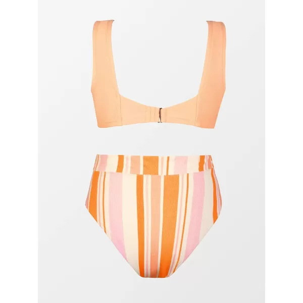 imageCUPSHE Plus Size Bikini Set Women Swimsuit Two Piece Swimsuit Lace Up Tank Top Striped High Waisted BottomLight Orange Stripe