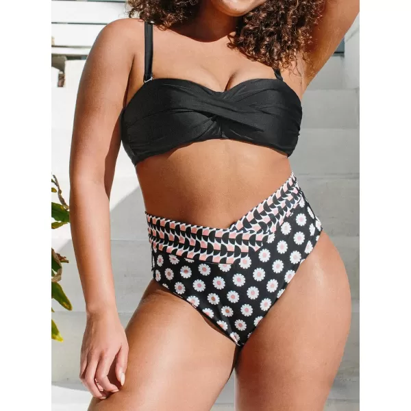 imageCUPSHE Plus Size Bikini Set for Women Bathing Suits High Waisted V Neck Twist Adjustable Straps Back Self Tie V Cut BottomBlack Floral