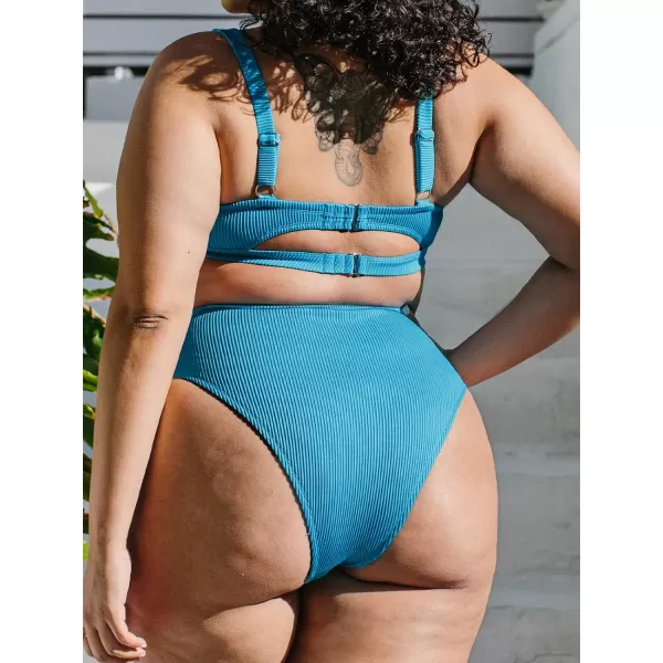 imageCUPSHE Plus Size Bikini Set for Women Two Pieces Swimsuit High Waisted Scoop Neck Adjustable Straps Back Hook Push Up RibbedCerulean Blue