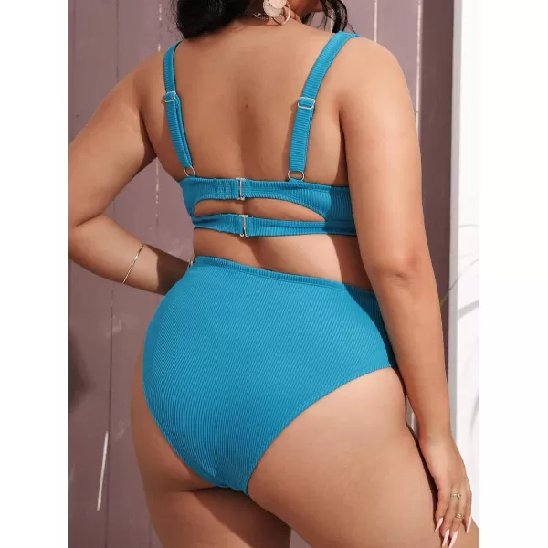 imageCUPSHE Plus Size Bikini Set for Women Two Pieces Swimsuit High Waisted Scoop Neck Adjustable Straps Back Hook Push Up RibbedCerulean Blue