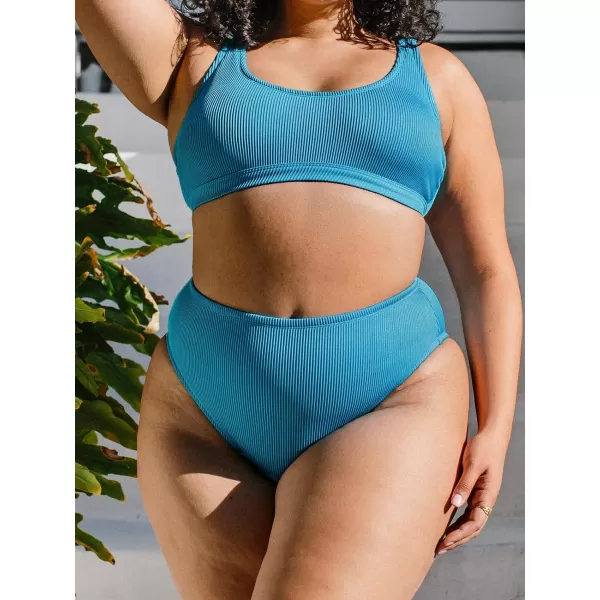 imageCUPSHE Plus Size Bikini Set for Women Two Pieces Swimsuit High Waisted Scoop Neck Adjustable Straps Back Hook Push Up RibbedCerulean Blue
