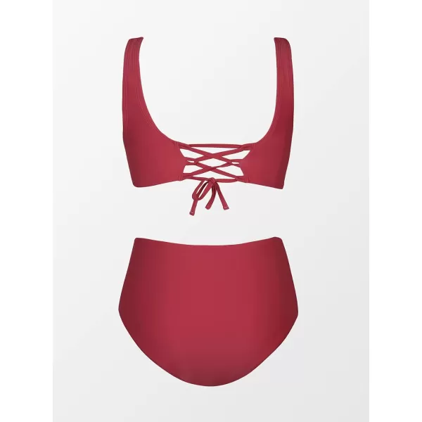 imageCUPSHE Plus Size Bikini Swimsuits for Women Two Piece Bathing Suit Ruched High Waisted Lace Up Back Wrap FrontRed