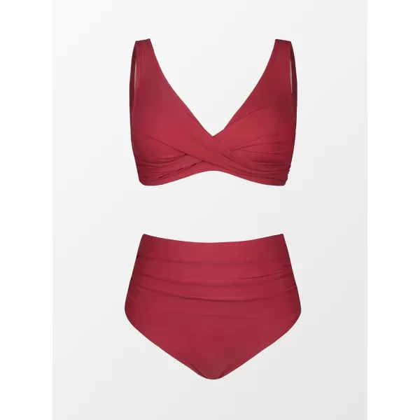 imageCUPSHE Plus Size Bikini Swimsuits for Women Two Piece Bathing Suit Ruched High Waisted Lace Up Back Wrap FrontRed