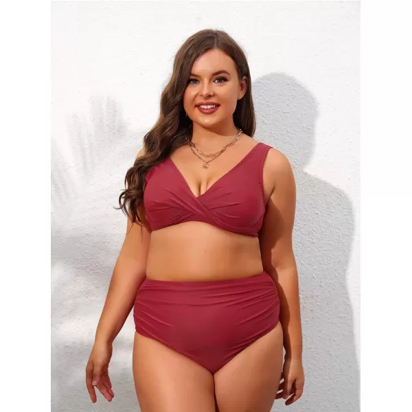 imageCUPSHE Plus Size Bikini Swimsuits for Women Two Piece Bathing Suit Ruched High Waisted Lace Up Back Wrap FrontRed