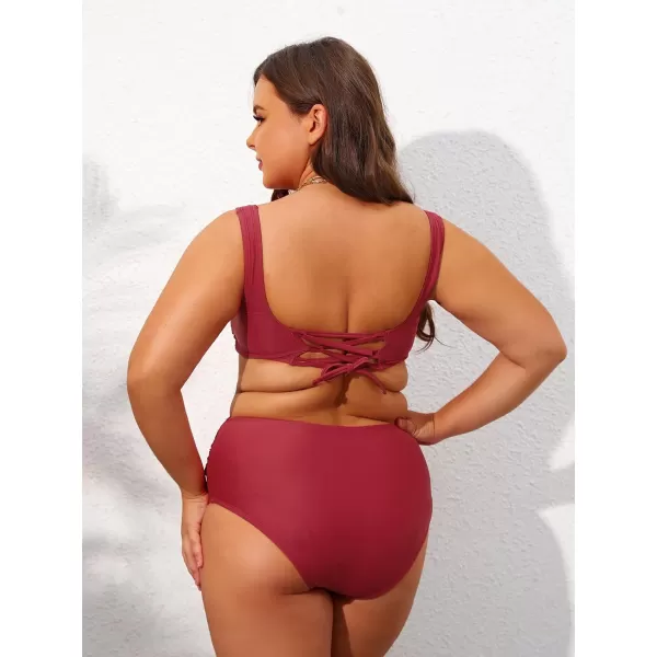 imageCUPSHE Plus Size Bikini Swimsuits for Women Two Piece Bathing Suit Ruched High Waisted Lace Up Back Wrap FrontRed