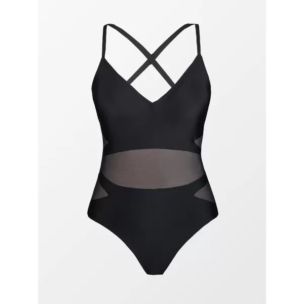imageCUPSHE Plus Size One Piece Swimsuit for Women Bathing Suit Crisscross Back Tie Spaghetti Straps Mesh Cutout Cheeky BottomBlack