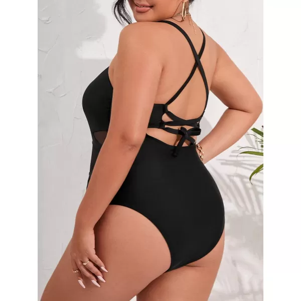 imageCUPSHE Plus Size One Piece Swimsuit for Women Bathing Suit Crisscross Back Tie Spaghetti Straps Mesh Cutout Cheeky BottomBlack