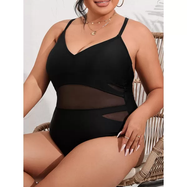 imageCUPSHE Plus Size One Piece Swimsuit for Women Bathing Suit Crisscross Back Tie Spaghetti Straps Mesh Cutout Cheeky BottomBlack