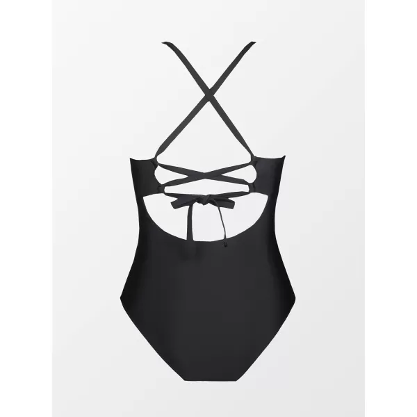 imageCUPSHE Plus Size One Piece Swimsuit for Women Bathing Suit Crisscross Back Tie Spaghetti Straps Mesh Cutout Cheeky BottomBlack