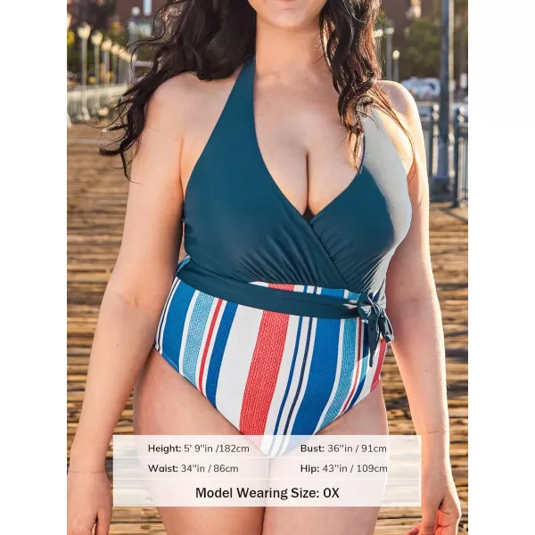 imageCUPSHE Plus Size One Piece Swimsuit for Women Bathing Suit Halter V Neck Wrap Tie Tummy ControlGreenBlueWhite