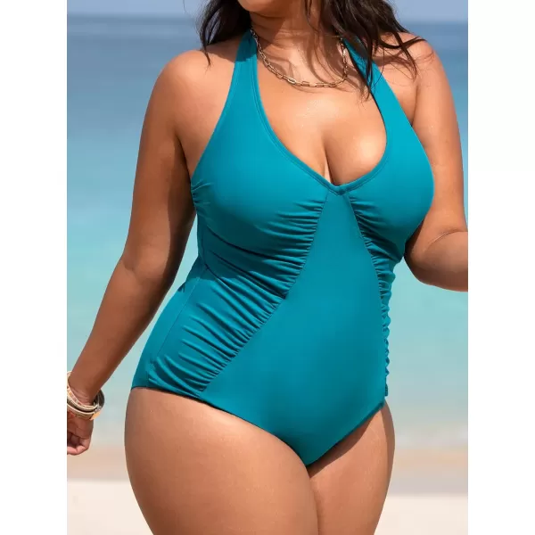 imageCUPSHE Plus Size Swimsuit Women One Piece Swimsuit Deep V Neck Low Back Ruched Halter Bathing SuitAqua Blue